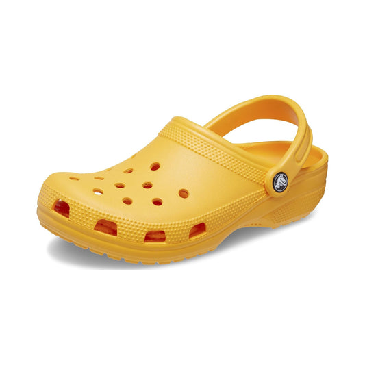 Crocs Classic Clog in yellow-orange, unisex slip-on clog shown from multiple angles