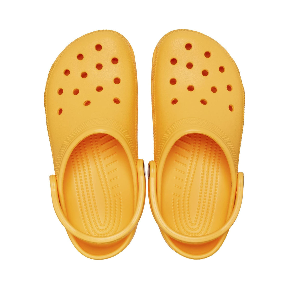Crocs Classic Clog in yellow-orange, unisex slip-on clog shown from multiple angles