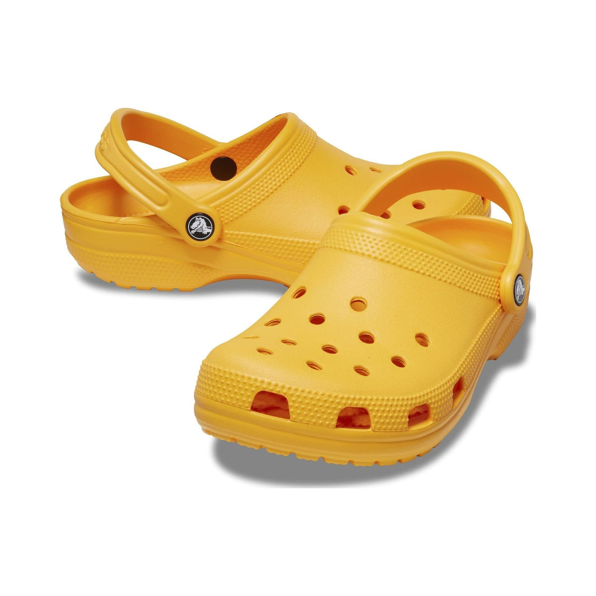 Crocs Classic Clog in yellow-orange, unisex slip-on clog shown from multiple angles