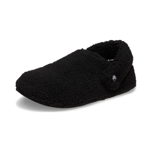 Crocs Classic Cozzzy black fuzzy lined slipper, side and top views