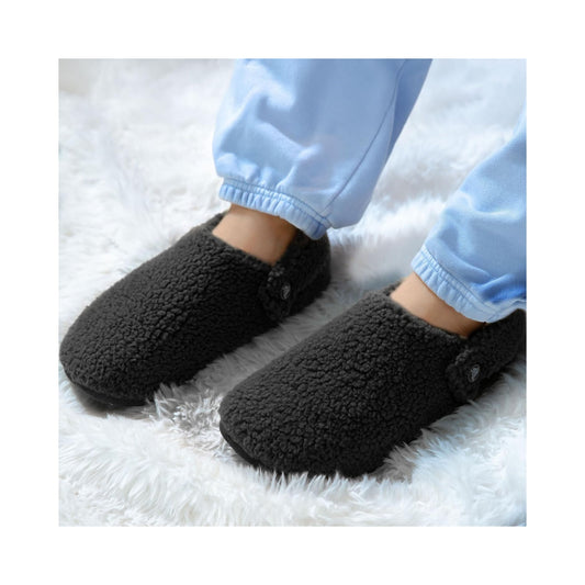 Crocs Classic Cozzzy black fuzzy lined slipper, side and top views