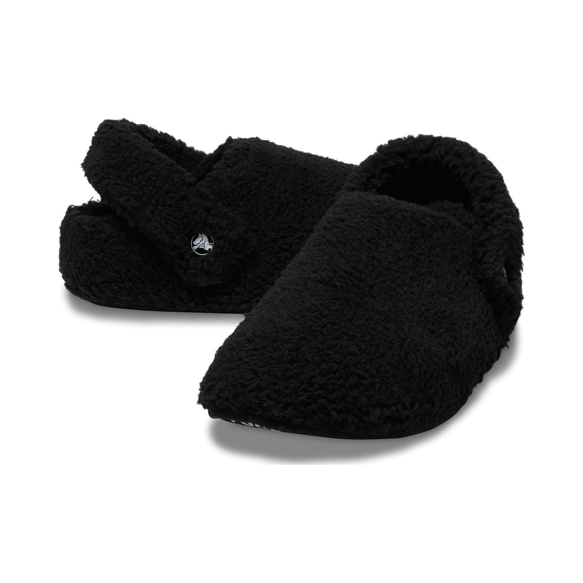 Crocs Classic Cozzzy black fuzzy lined slipper, side and top views