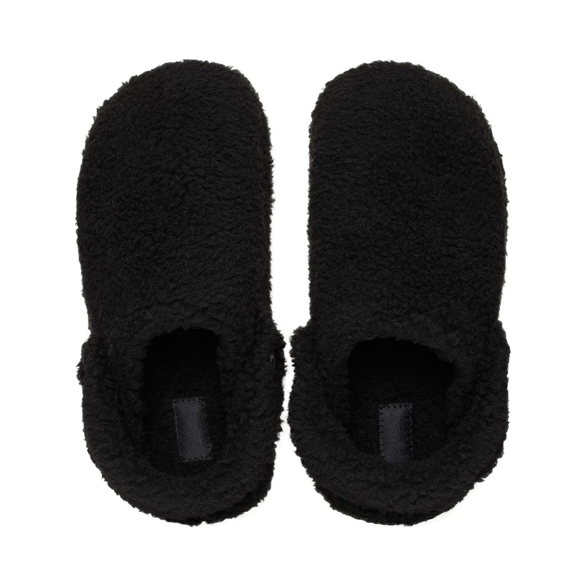 Crocs Classic Cozzzy black fuzzy lined slipper, side and top views