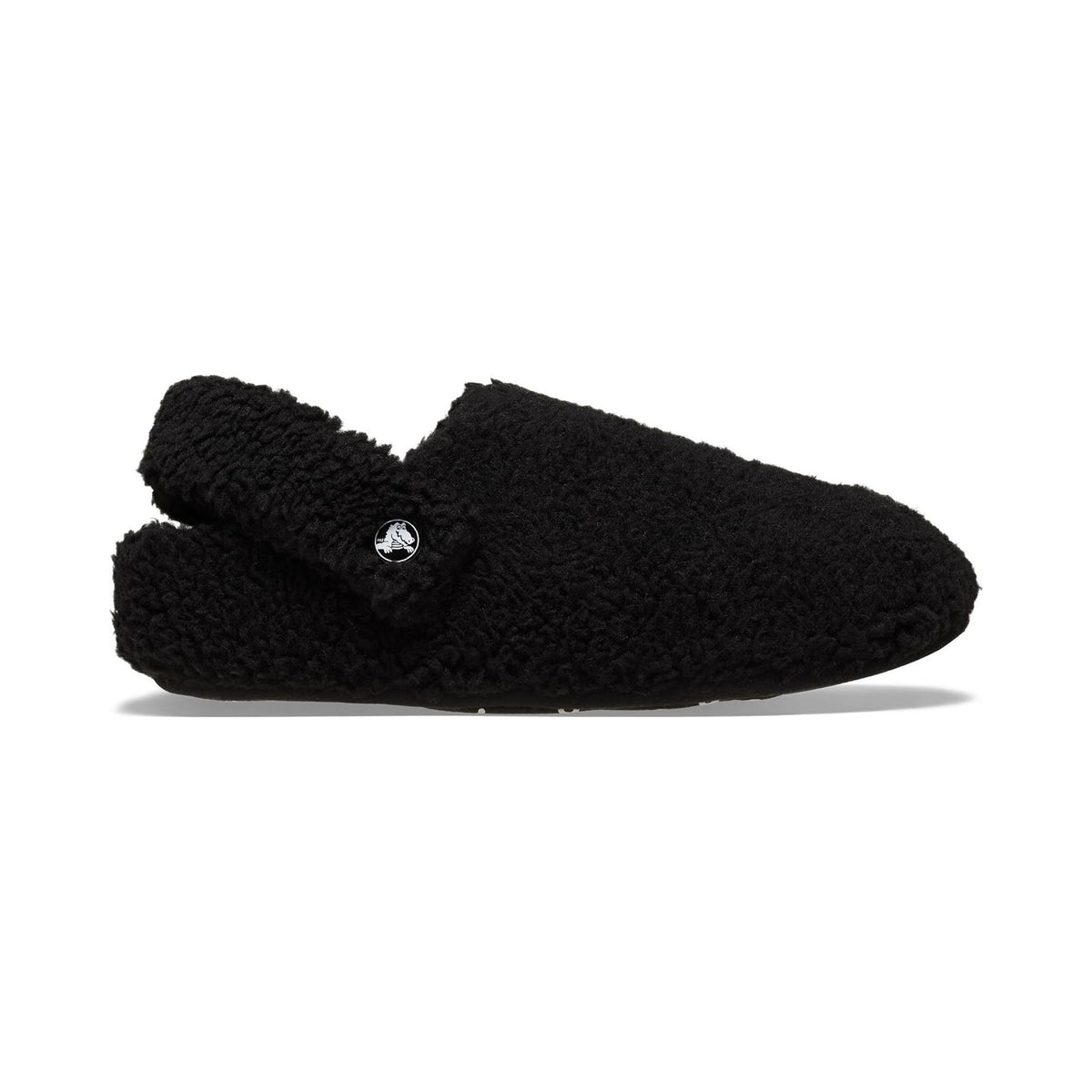 Crocs Classic Cozzzy black fuzzy lined slipper, side and top views