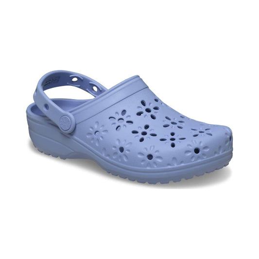 Crocs Unisex Adult Floral Classic Clogs in light blue, multiple views
