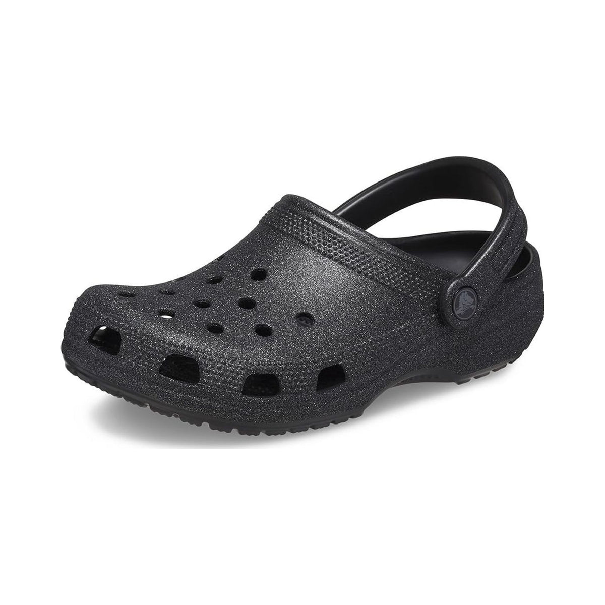 Crocs Classic Clogs in black glitter, multiple views on white background