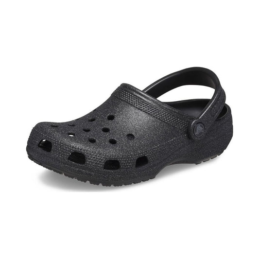 Crocs Classic Clogs in black glitter, multiple views on white background