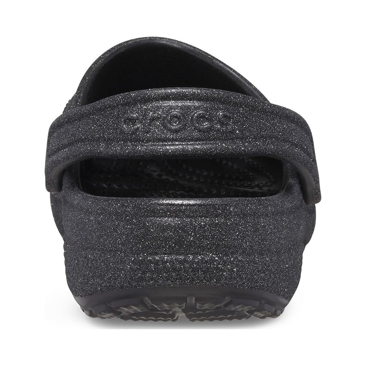 Crocs Classic Clogs in black glitter, multiple views on white background