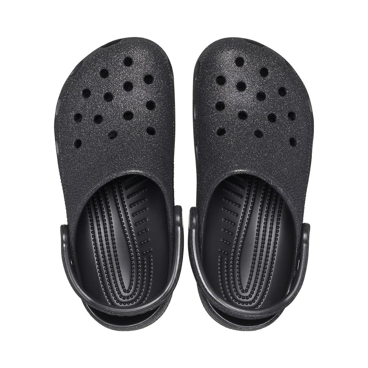 Crocs Classic Clogs in black glitter, multiple views on white background