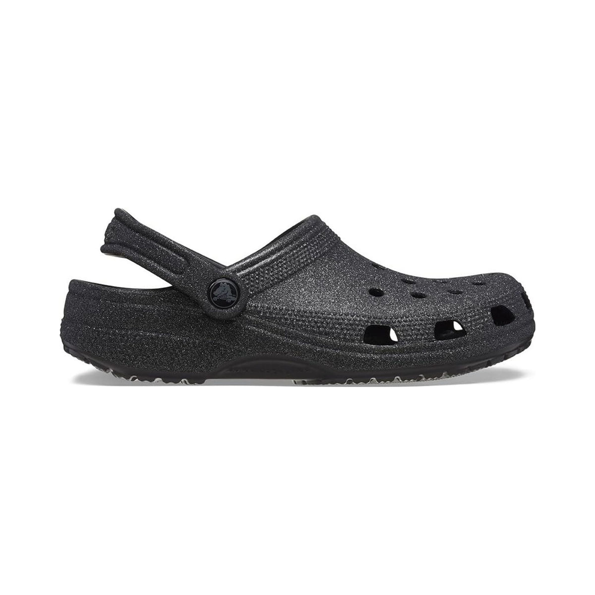 Crocs Classic Clogs in black glitter, multiple views on white background