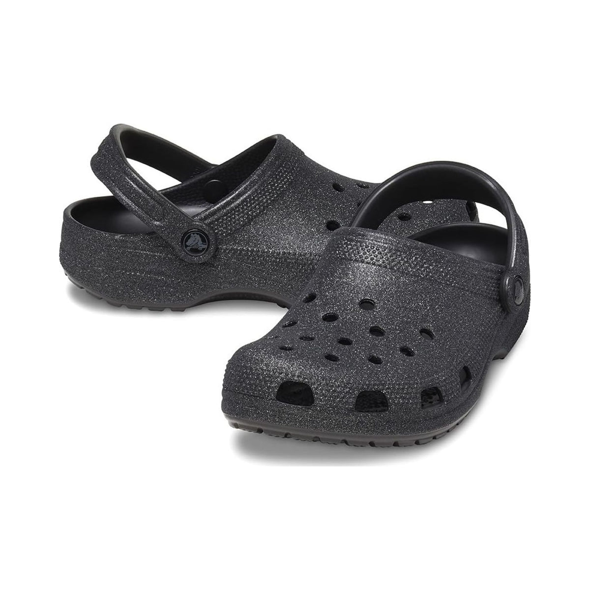 Crocs Classic Clogs in black glitter, multiple views on white background
