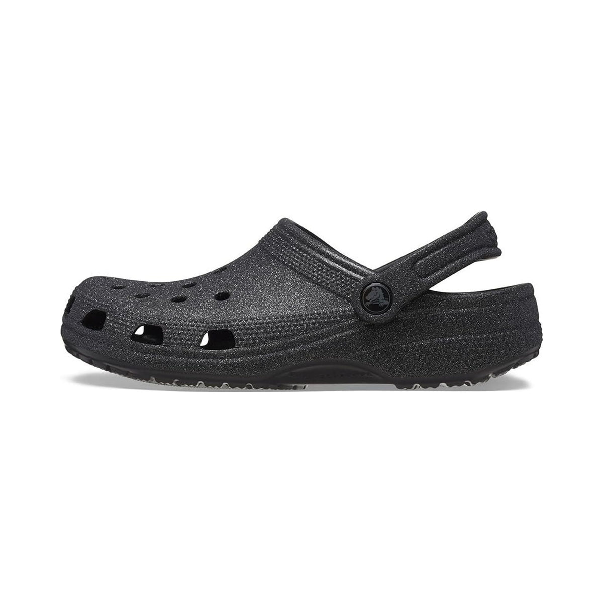 Crocs Classic Clogs in black glitter, multiple views on white background