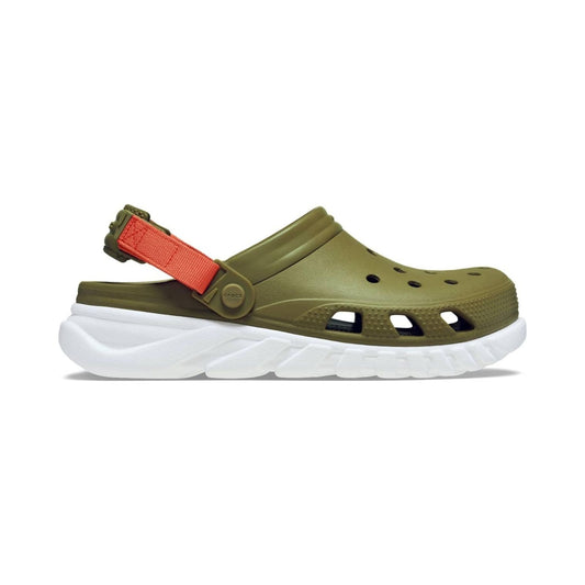 Crocs Duet Max II unisex clogs in army green with orange heel straps and white sole