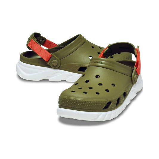 Crocs Duet Max II unisex clogs in army green with orange heel straps and white sole