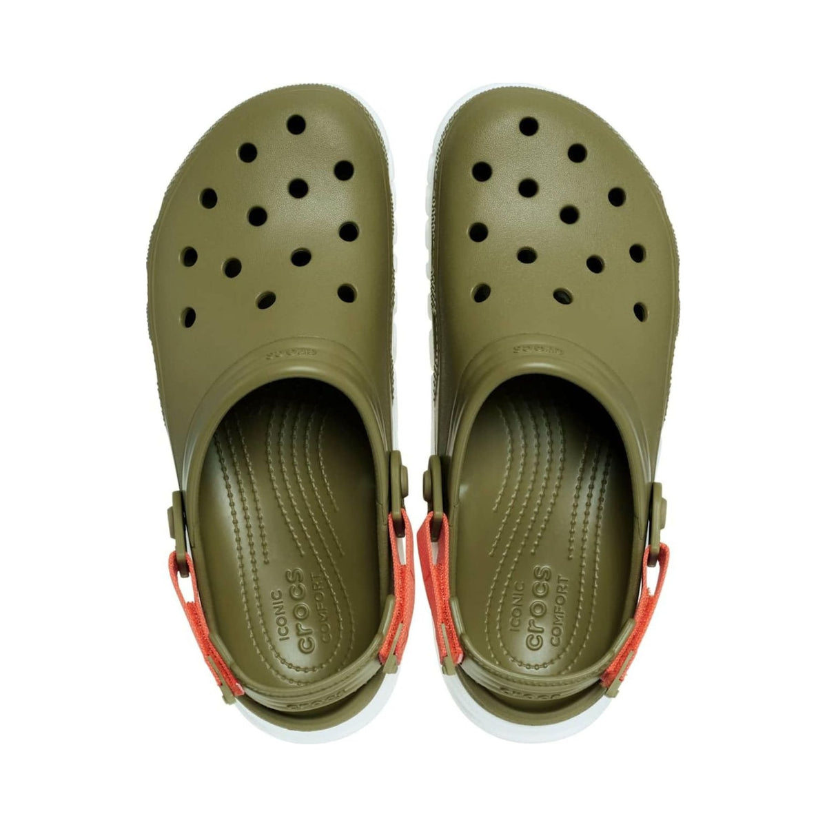 Crocs Duet Max II unisex clogs in army green with orange heel straps and white sole