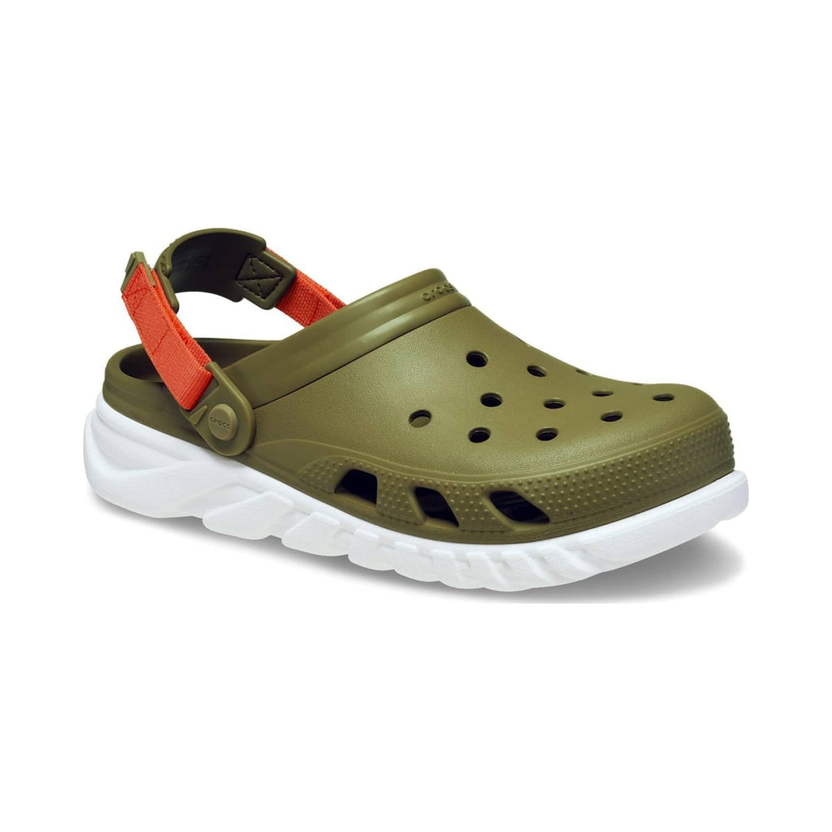 Crocs Duet Max II unisex clogs in army green with orange heel straps and white sole