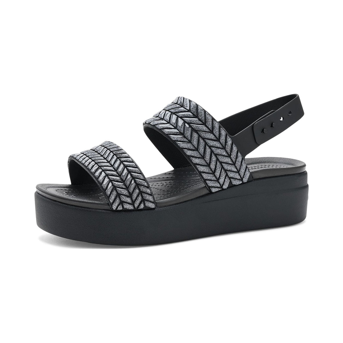 Crocs Women's Brooklyn Low Wedge Sandals in black with woven glitter straps