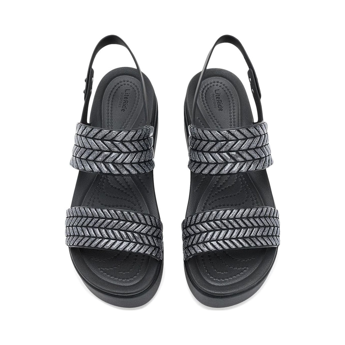 Crocs Women's Brooklyn Low Wedge Sandals in black with woven glitter straps
