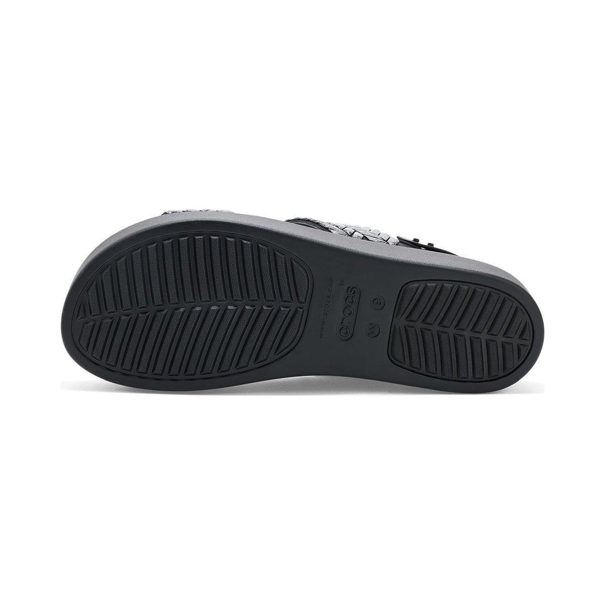 Crocs Women's Brooklyn Low Wedge Sandals in black with woven glitter straps