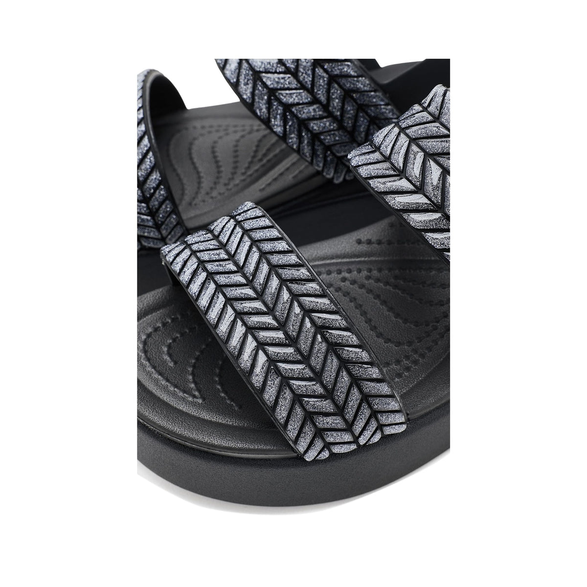 Crocs Women's Brooklyn Low Wedge Sandals in black with woven glitter straps