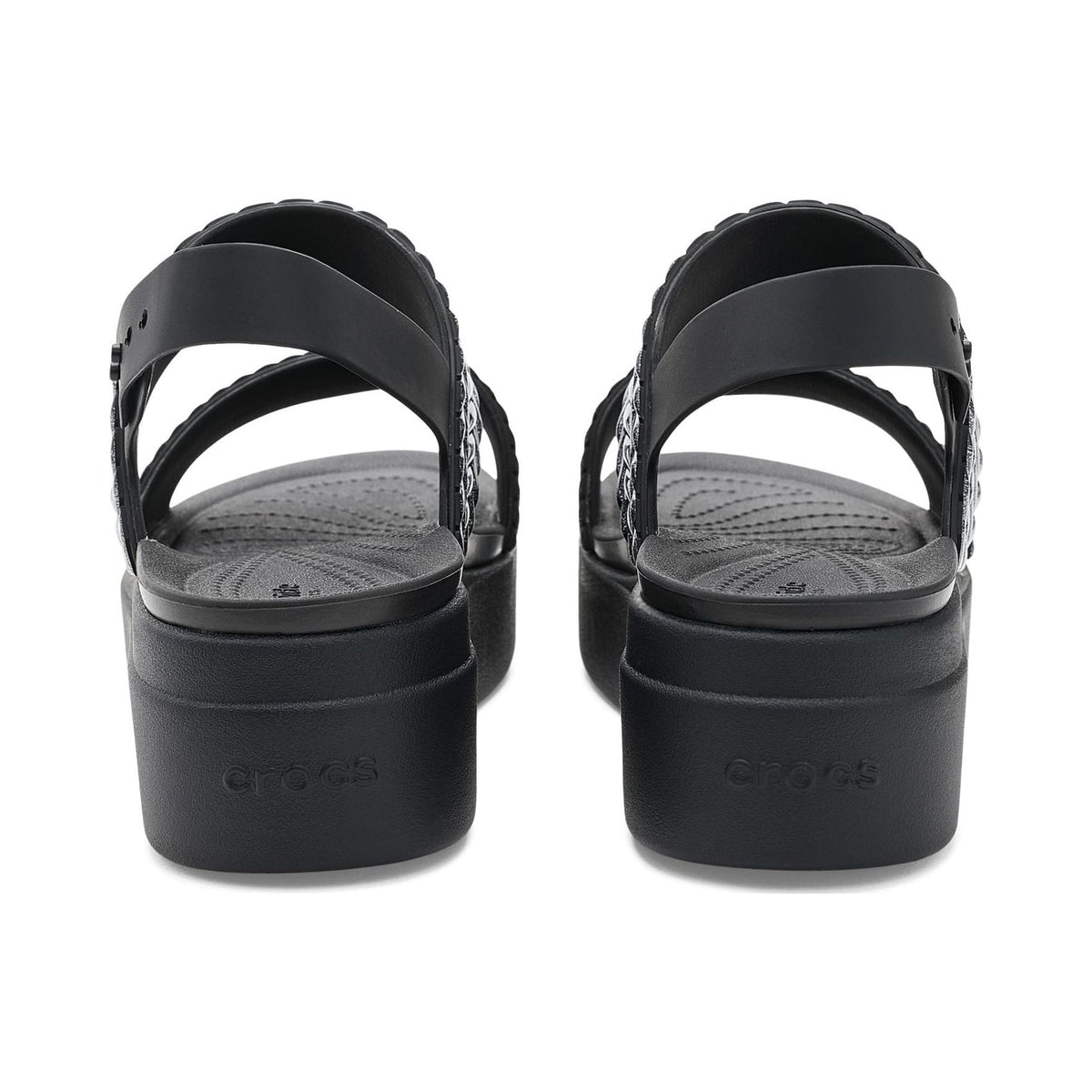 Crocs Women's Brooklyn Low Wedge Sandals in black with woven glitter straps