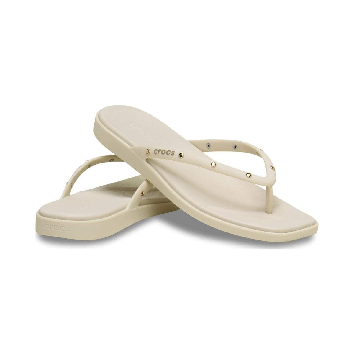 Crocs Women's Miami square-toe flip flops in bone, multiple views