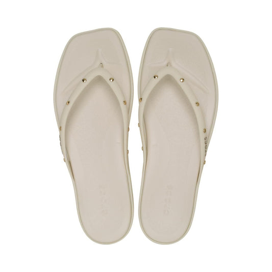 Crocs Women's Miami square-toe flip flops in bone, multiple views