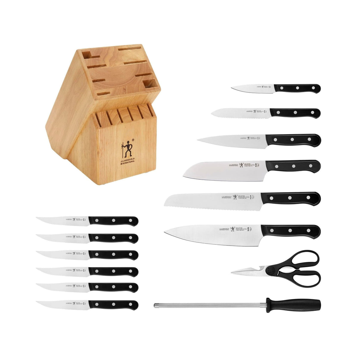HENCKELS Solution 15-piece knife block set with natural wood block