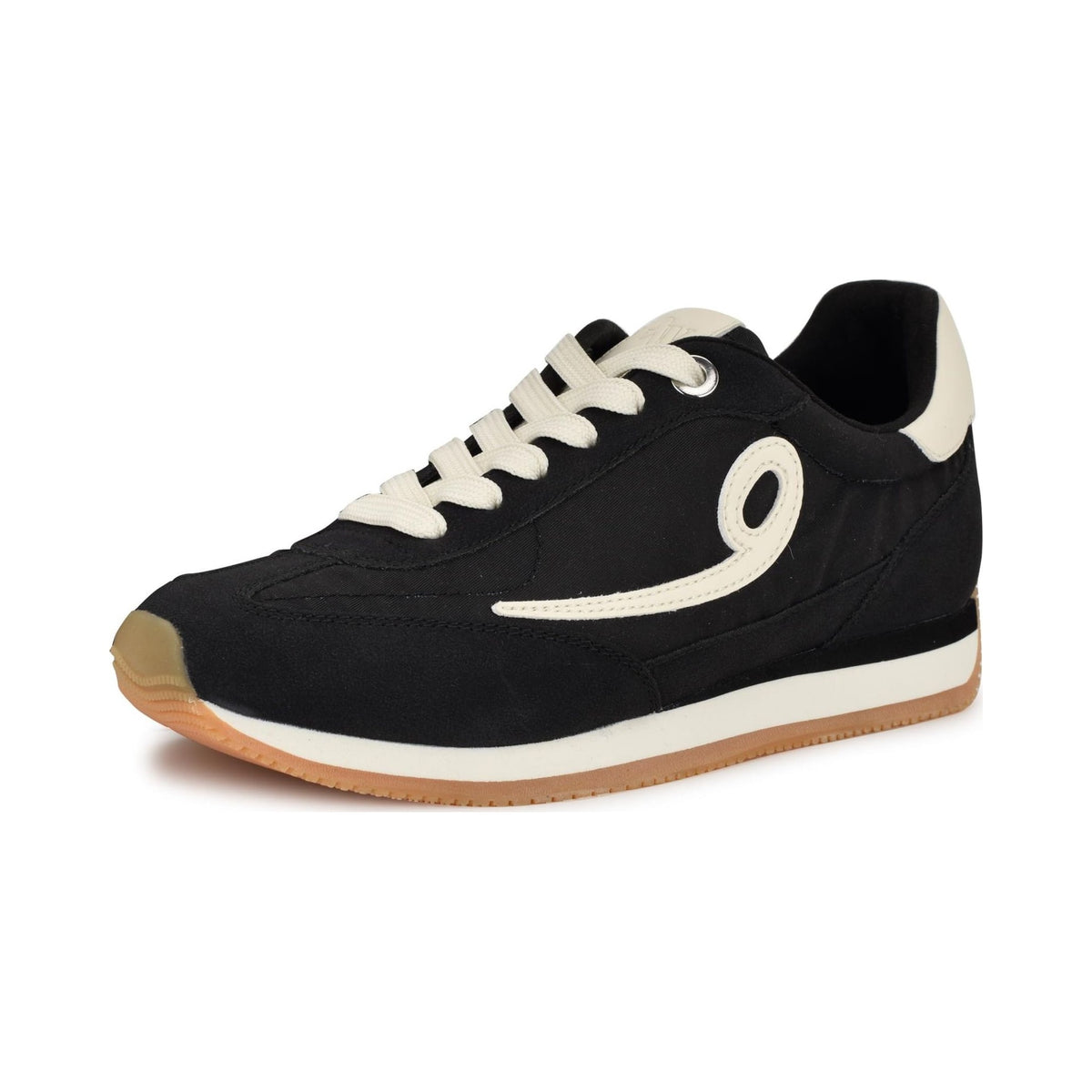 Nine West Women's Fivo black retro sneaker with cream logo and gum sole