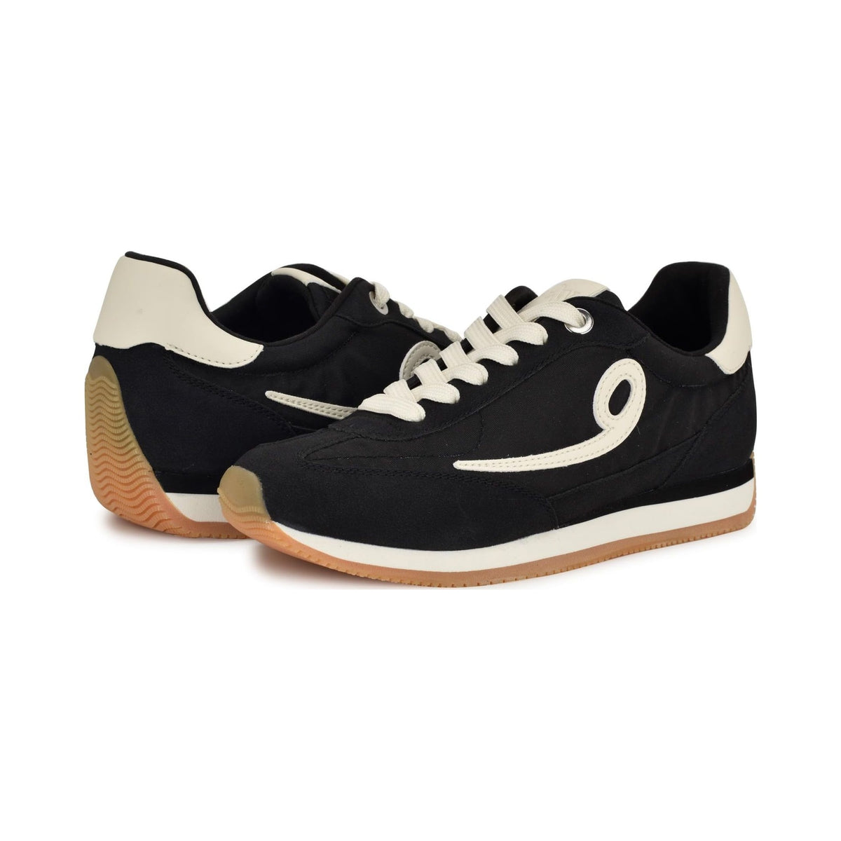 Nine West Women's Fivo black retro sneaker with cream logo and gum sole