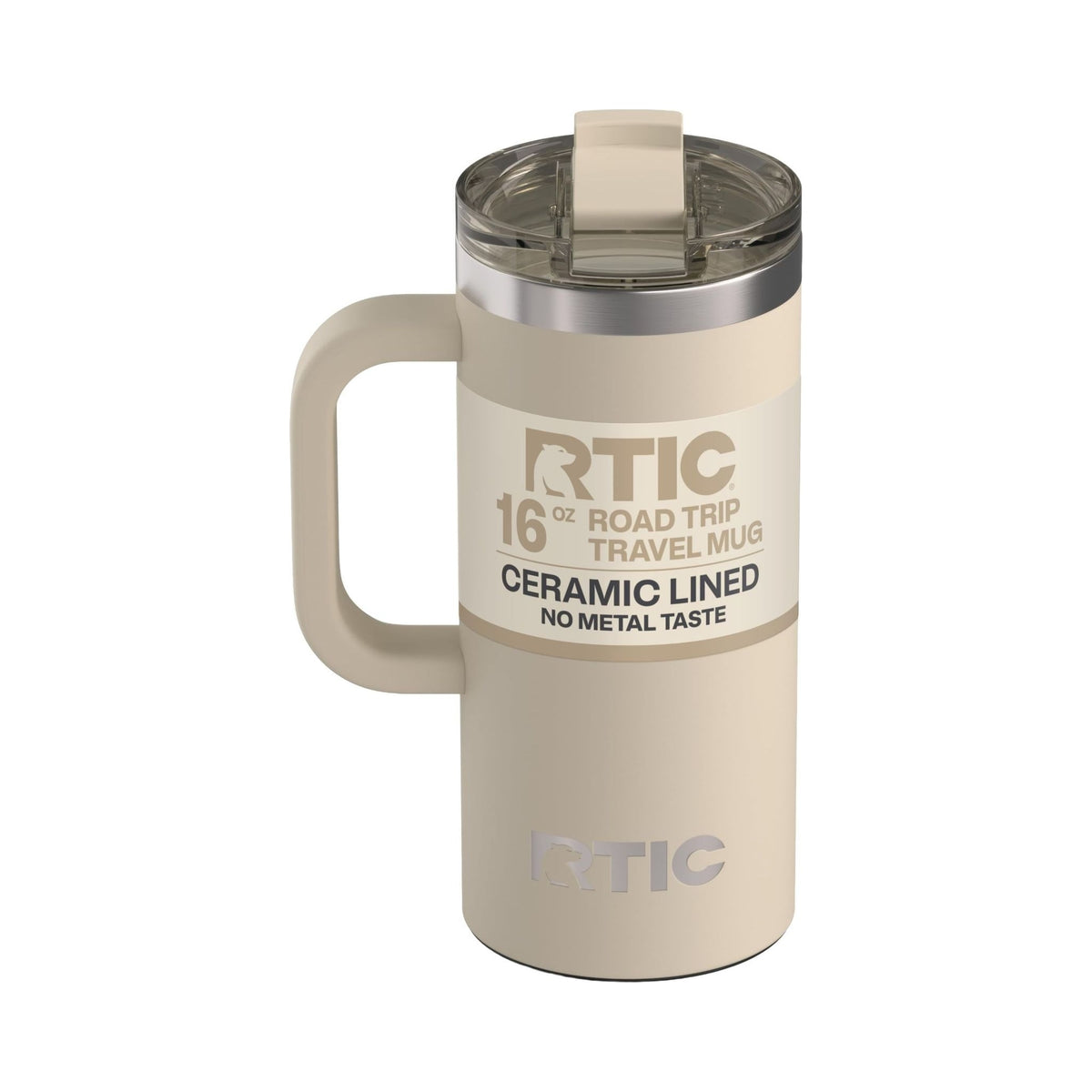 RTIC Road Trip 16 oz ceramic-lined travel mug with lid and handle in cream