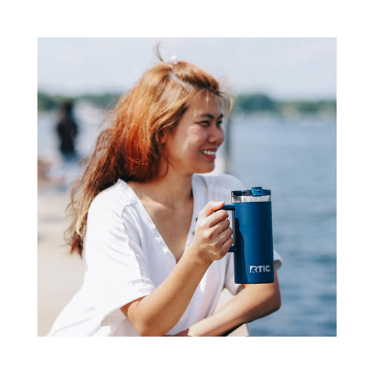 RTIC Road Trip 16 oz ceramic-lined travel mug with lid and handle in cream