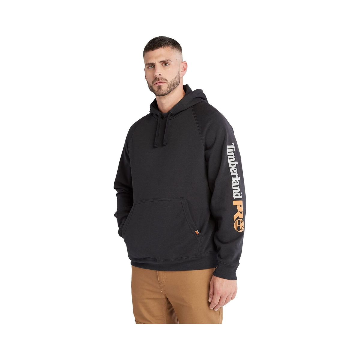 Timberland PRO Hood Honcho Sport black pullover hoodie with sleeve logo, worn by model