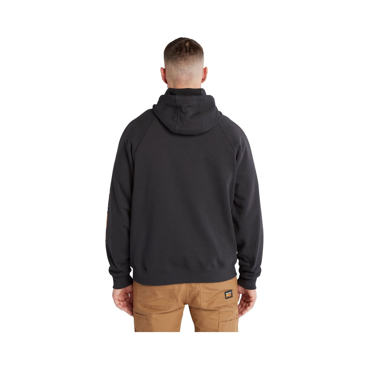 Timberland PRO Hood Honcho Sport black pullover hoodie with sleeve logo, worn by model