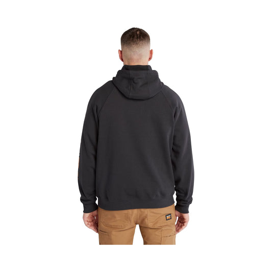 Timberland PRO Hood Honcho Sport black pullover hoodie with sleeve logo, worn by model