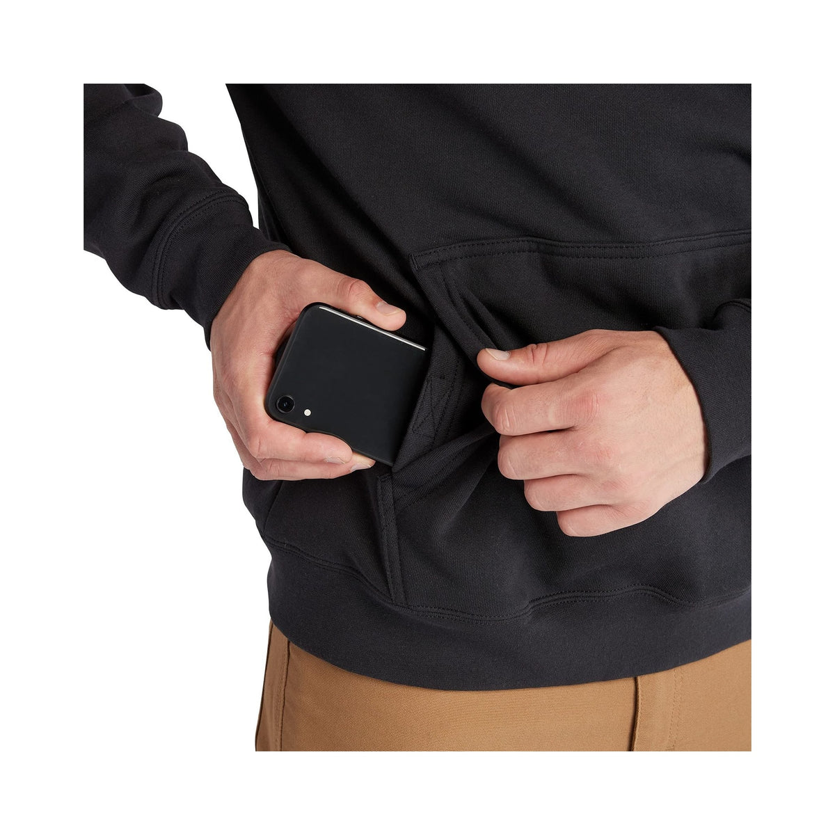 Timberland PRO Hood Honcho Sport black pullover hoodie with sleeve logo, worn by model