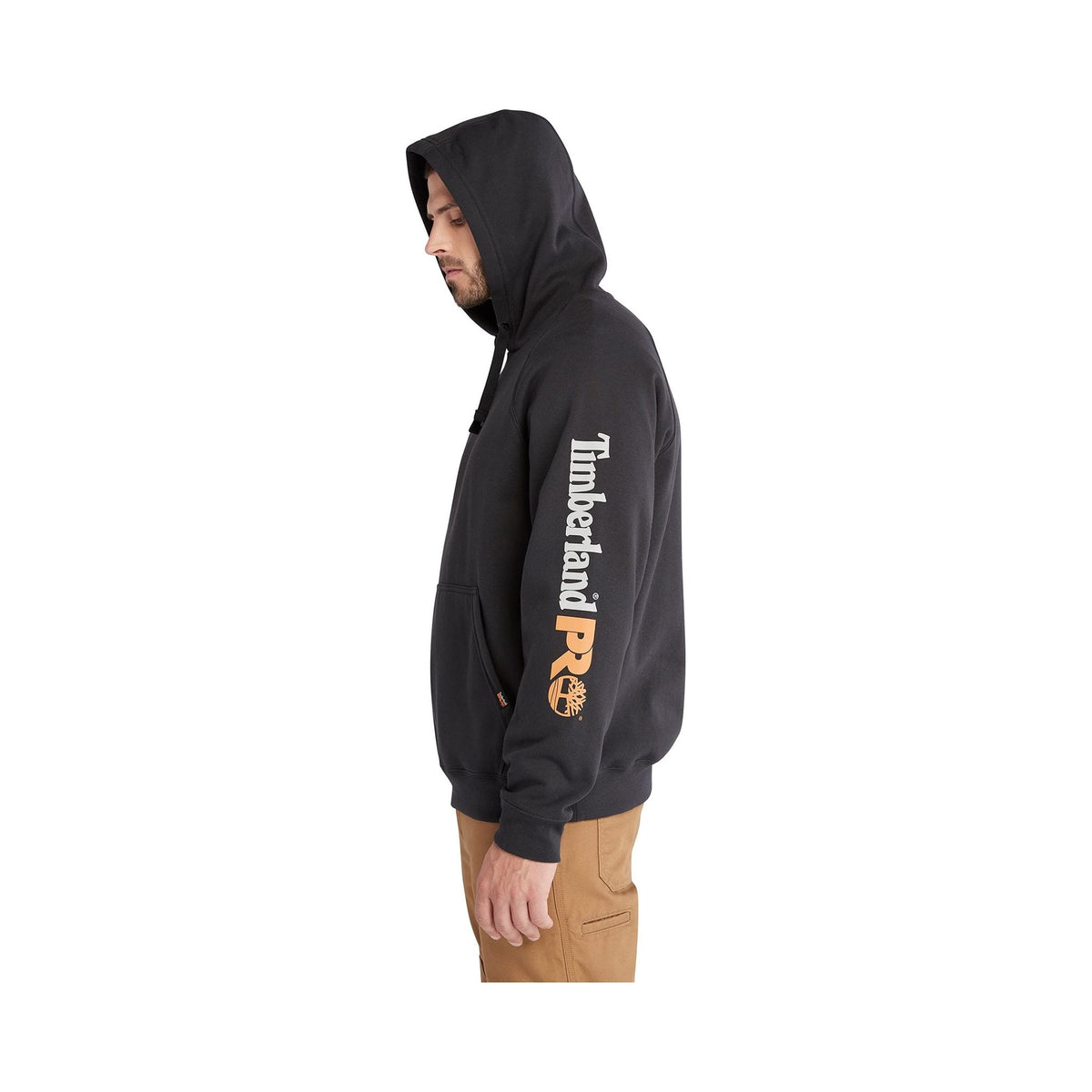 Timberland PRO Hood Honcho Sport black pullover hoodie with sleeve logo, worn by model