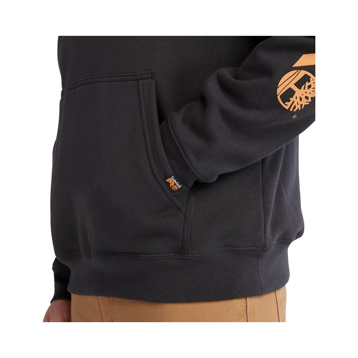 Timberland PRO Hood Honcho Sport black pullover hoodie with sleeve logo, worn by model