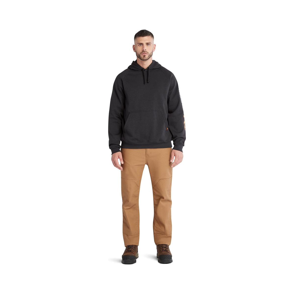 Timberland PRO Hood Honcho Sport black pullover hoodie with sleeve logo, worn by model