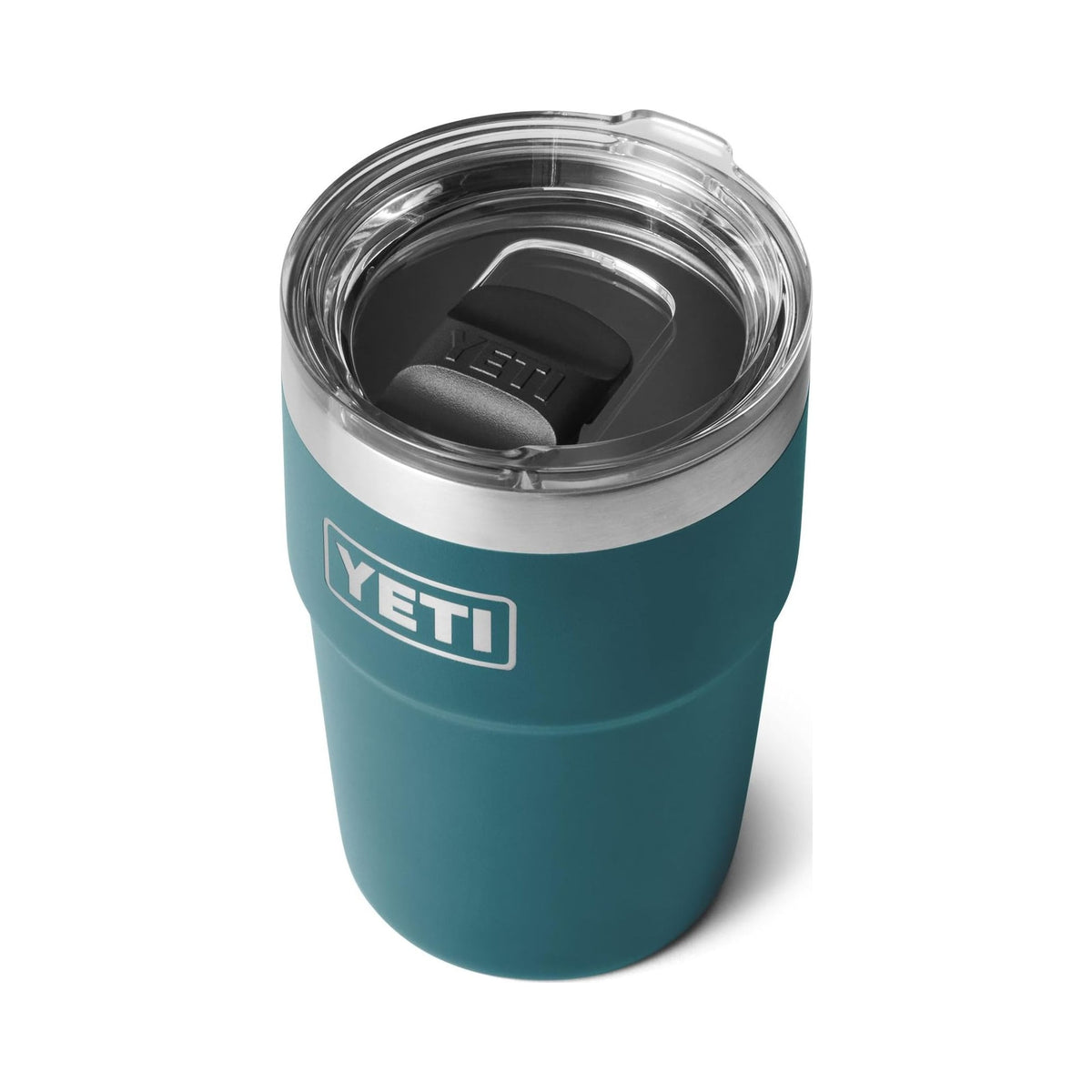 YETI Rambler 16 oz stackable teal tumbler with clear MagSlider lid