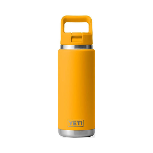 YETI Rambler 26 oz insulated stainless steel bottle in yellow with straw cap