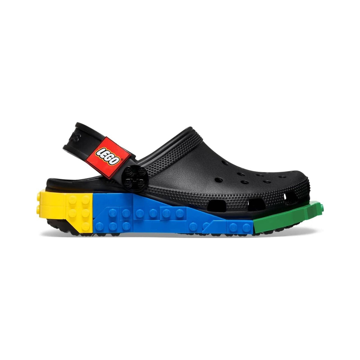 Crocs Classic LEGO System Clogs in black and white with colorful brick sole