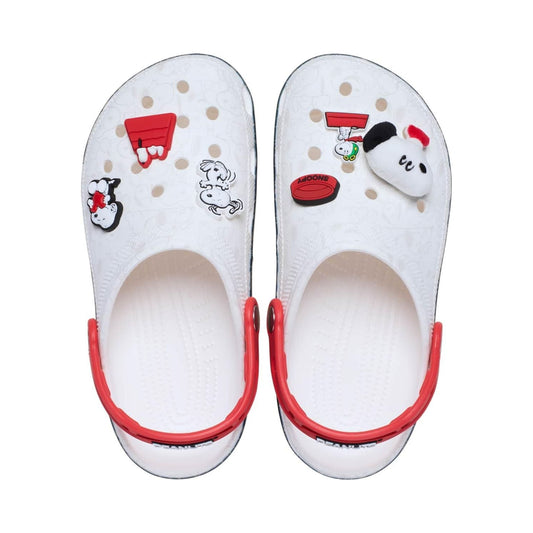 Crocs Classic Peanuts Snoopy Clog in white with red straps and Jibbitz charms