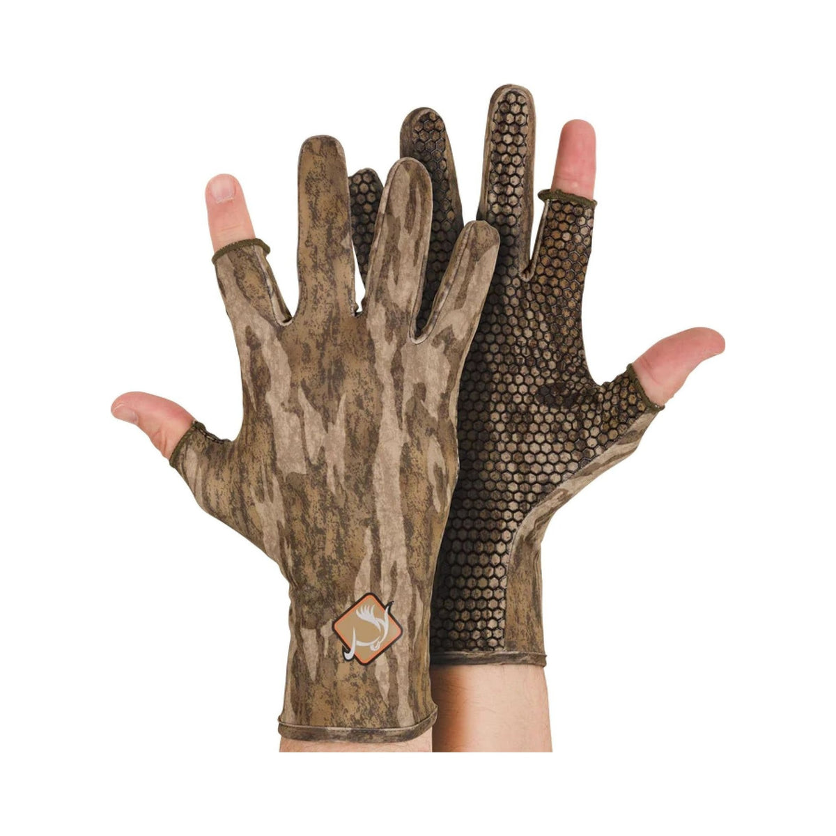 Drake Waterfowl stretch-fit turkey hunting gloves in bottomland camo with silicone grip palm