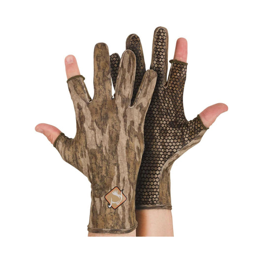 Drake Waterfowl stretch-fit turkey hunting gloves in bottomland camo with silicone grip palm