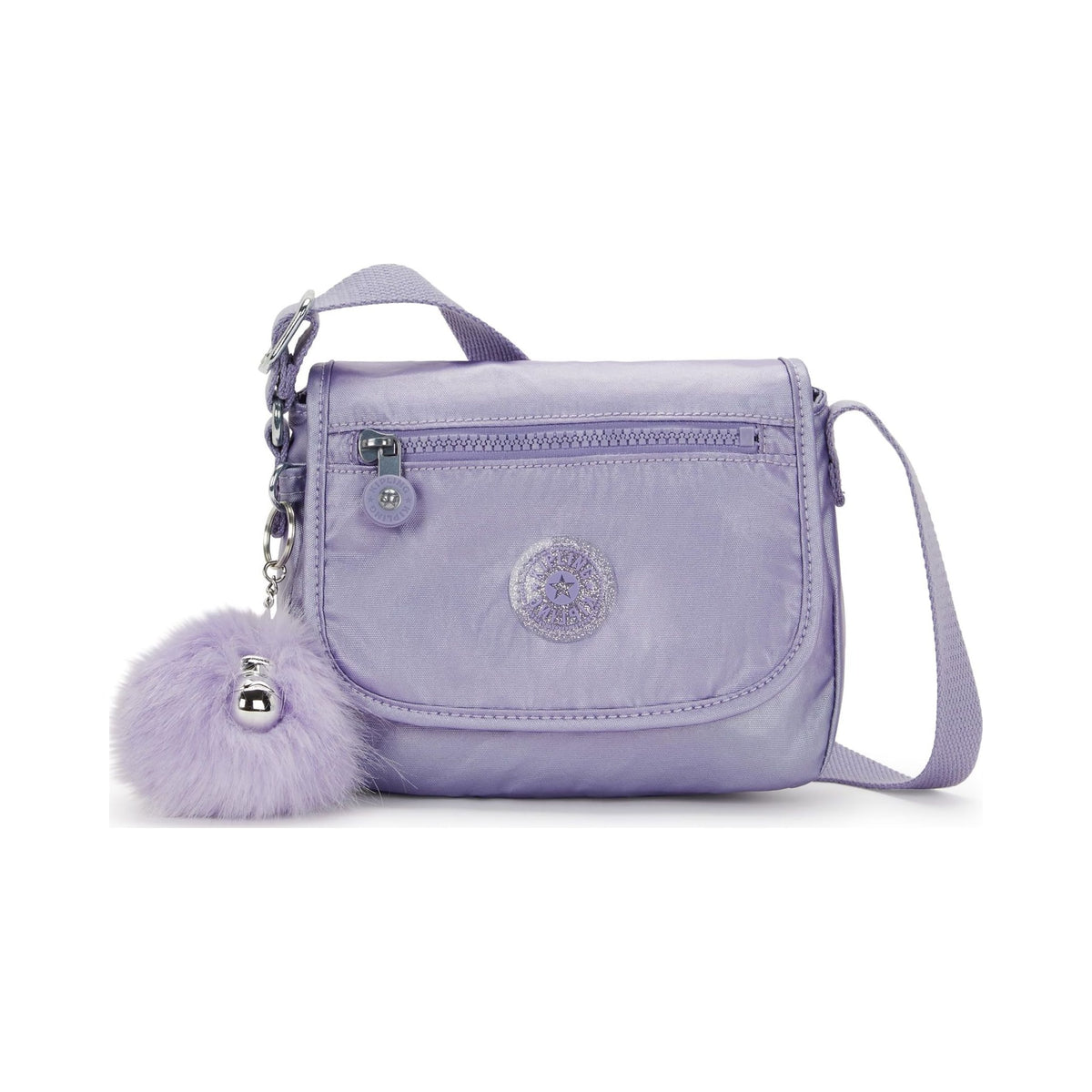 Kipling Sabian metallic lavender crossbody mini bag with pom-pom keychain